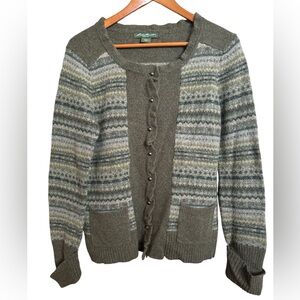 Eddie Bauer Cardigan Women’s Large Wool Green Grunge Y2K Granola Boho Forest